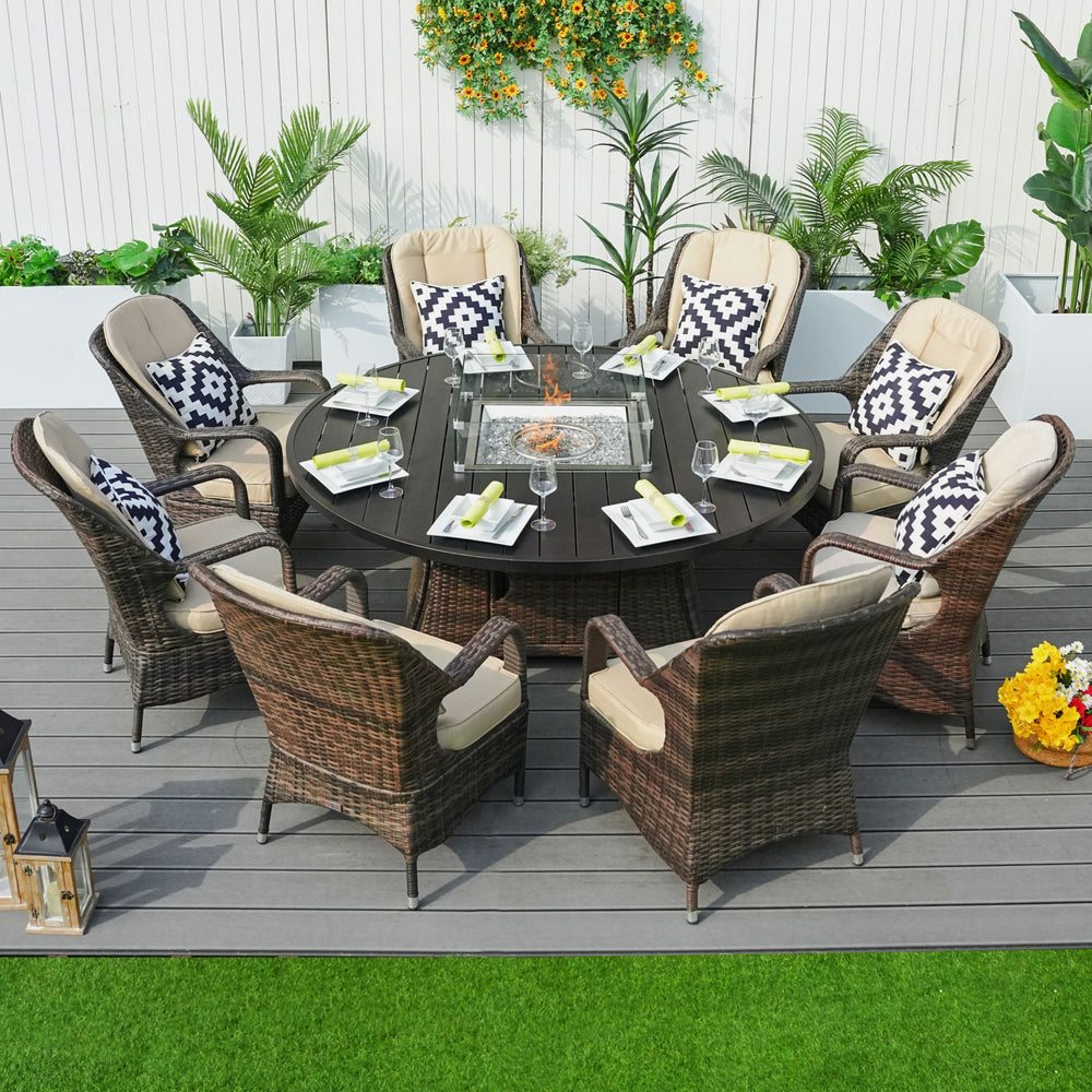 Homeroots Brown Wicker Round Outdoor Fire Pit Dining Set With 8 Chairs   372326