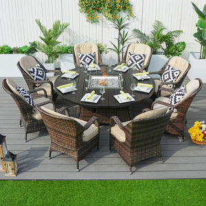 Homeroots Brown Wicker Round Outdoor Fire Pit Dining Set With 8 Chairs   372326