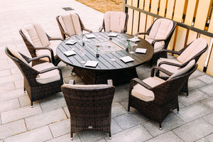 Homeroots Brown Wicker Round Outdoor Fire Pit Dining Set With 8 Chairs   372326