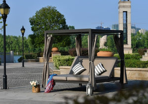 Homeroots 161.85" X 71.37" X 8.58" Gray Outdoor Steel Metal Adjustable Day Bed With Canopy And Taupe Cushions   372327