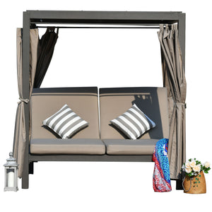 Homeroots 161.85" X 71.37" X 8.58" Gray Outdoor Steel Metal Adjustable Day Bed With Canopy And Taupe Cushions   372327