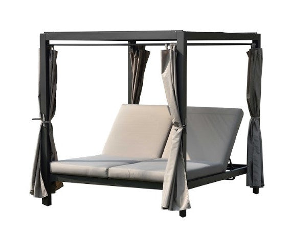 Homeroots 161.85" X 71.37" X 8.58" Gray Outdoor Steel Metal Adjustable Day Bed With Canopy And Taupe Cushions   372327