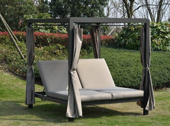 Homeroots 161.85" X 71.37" X 8.58" Gray Outdoor Steel Metal Adjustable Day Bed With Canopy And Taupe Cushions   372327