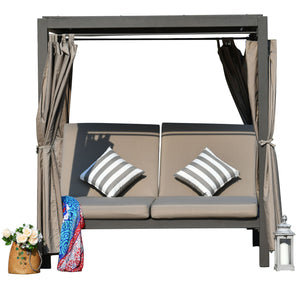 Homeroots 161.85" X 71.37" X 8.58" Gray Outdoor Steel Metal Adjustable Day Bed With Canopy And Taupe Cushions   372327