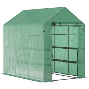 English Elm Outsunny 7' X 5' Walk-In Greenhouse With Durable Pe Cover, 3-Tier Shelves & Roll-Up Zipper Door W2225P174455-GIGA