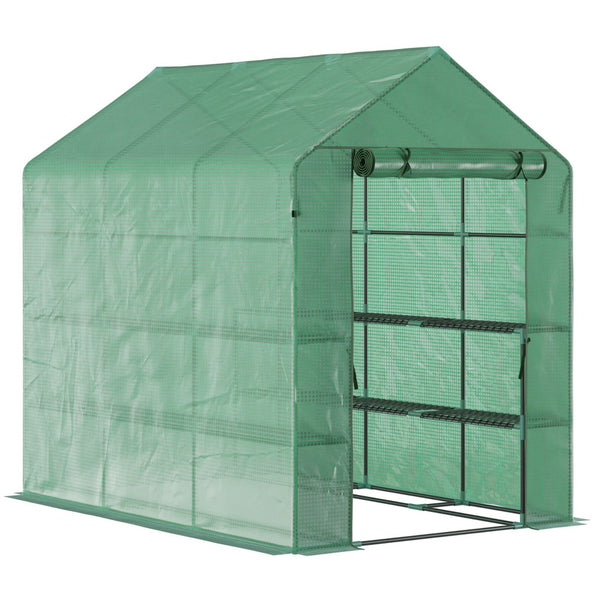 English Elm Outsunny 7' X 5' Walk-In Greenhouse With Durable Pe Cover, 3-Tier Shelves & Roll-Up Zipper Door W2225P174455-GIGA