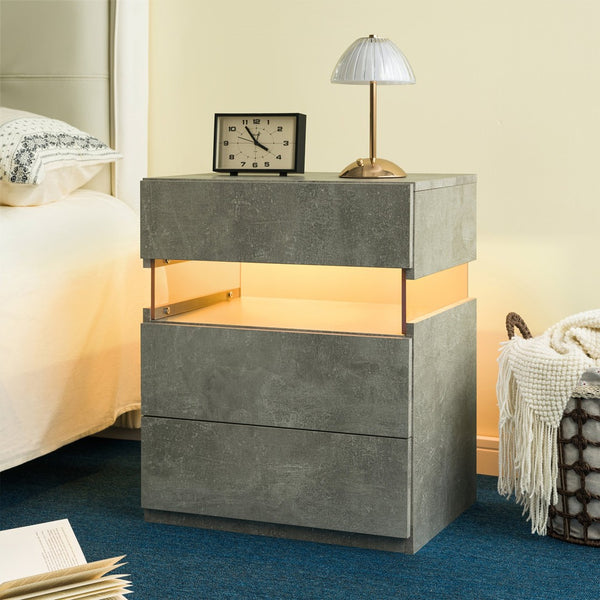English Elm Led Nightstand with Rgb Acrylic Glow Panel Three Drawers Walnut Bedroom Table Gray W2178P412305