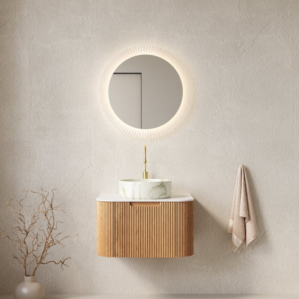 English Elm Dina Floating Bathroom Vanity with Sintered Stone Top and Crystal Glass Basin Carrara White,Natural Wood,Stone White W2615S00382