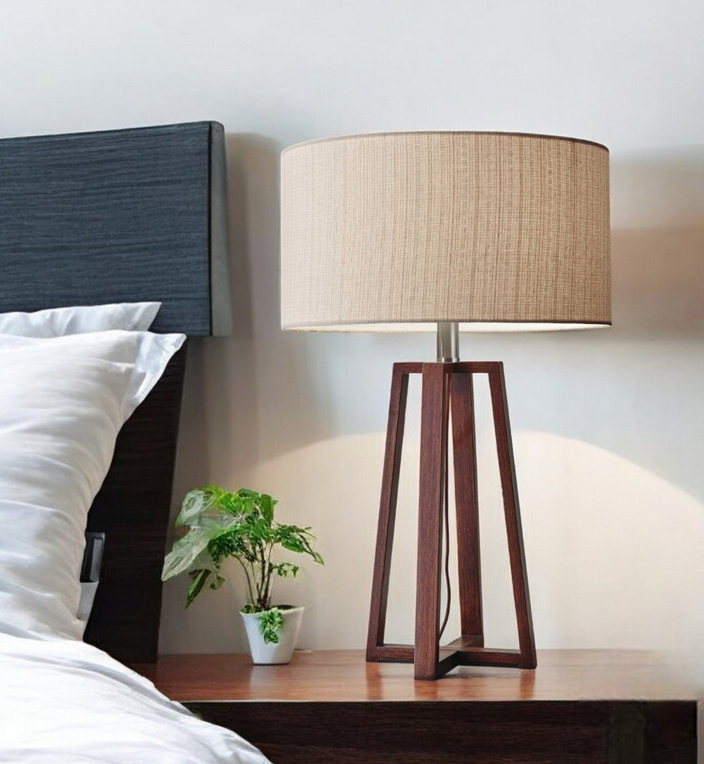 HomeRoots Walnut Table Lamp - Mid-Century Modern Design with Linen Shade, Smart Outlet Ready & Vintage Charm 372468