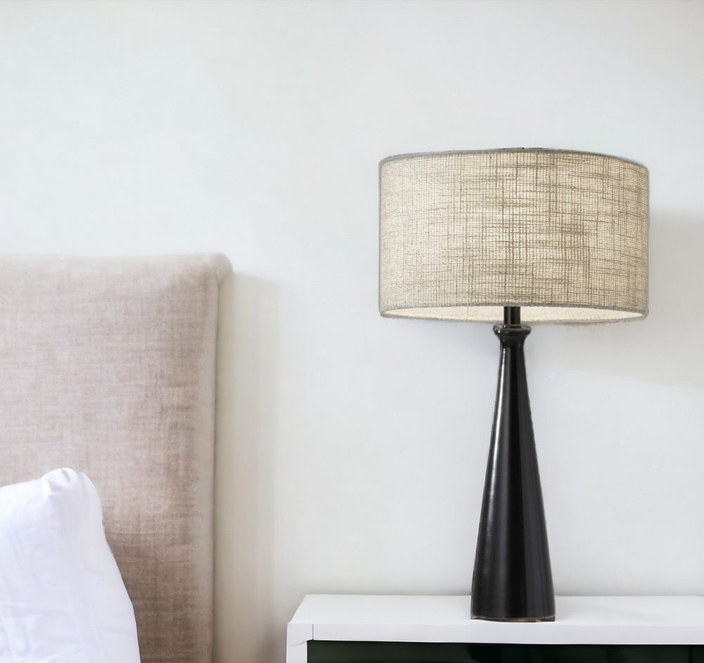HomeRoots 22" Modern Geometric Table Lamp with Beige Drum Shade for Stylish Ambient Lighting and Design Black 372474