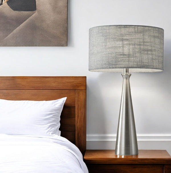 HomeRoots 22" Modern Geometric Table Lamp with Beige Drum Shade for Stylish Ambient Lighting and Design Brushed Steel 372476