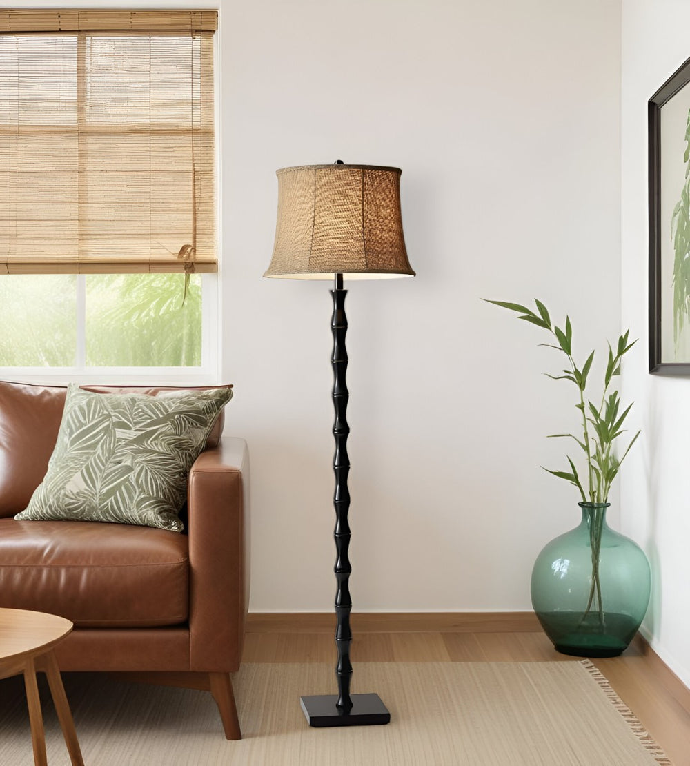 HomeRoots 62" Brown and Black Floor Lamp with Beige Burlap Shade – Classic Design for Stylish Home Illumination 372478