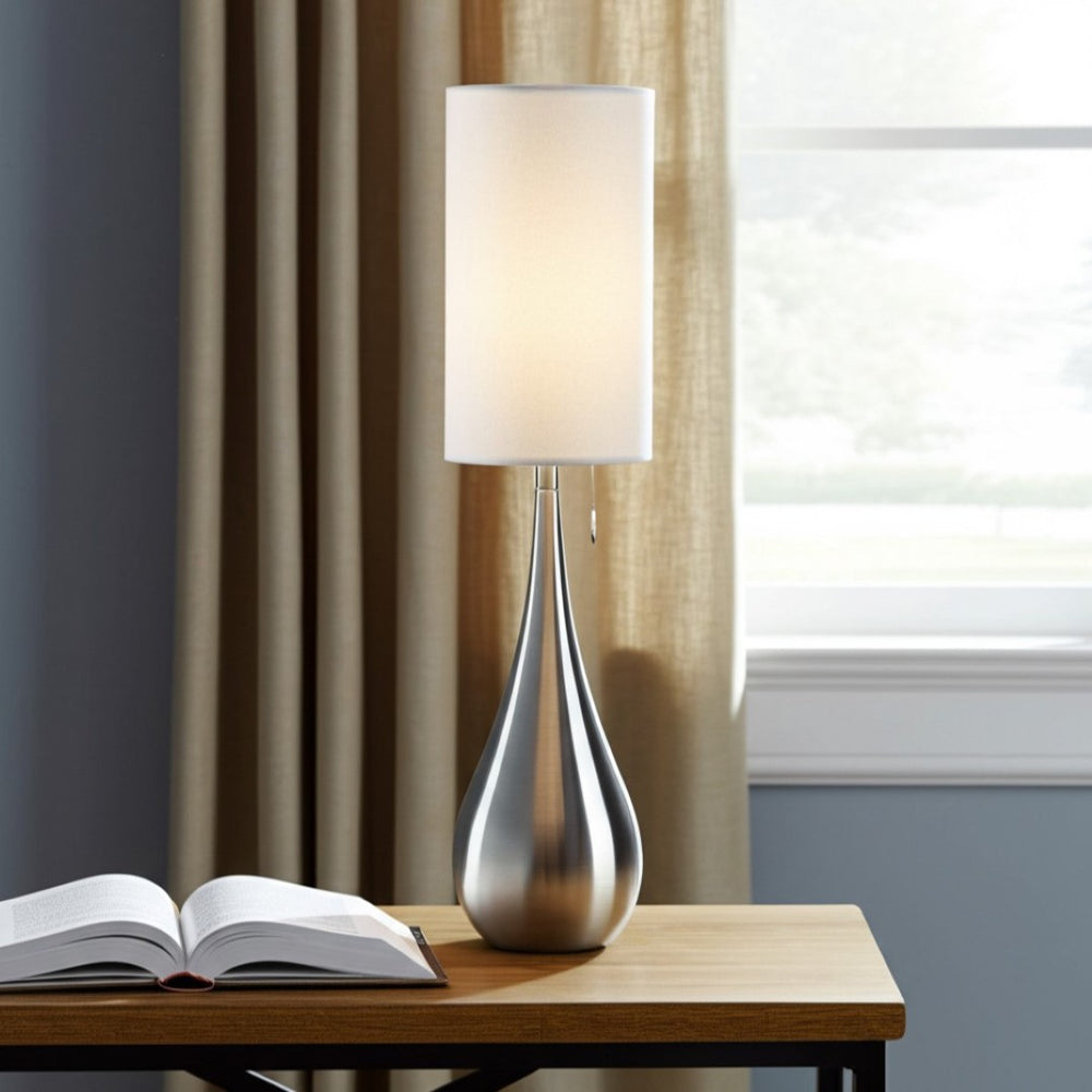 HomeRoots 35" Brushed Steel Teardrop Table Lamp - Modern Minimalist Design with Soft White Drum Shade Light 372482
