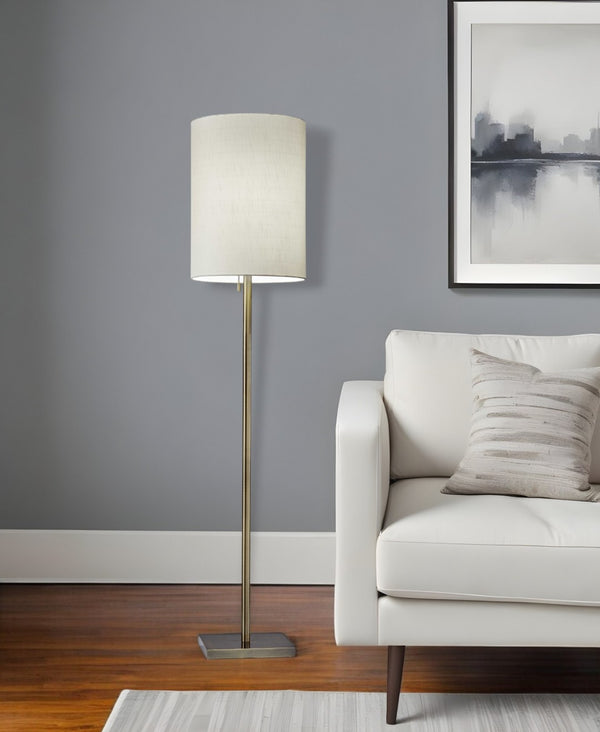 HomeRoots 61" Elegant Floor Lamp with White Fabric Shade for Timeless Style and Warm Ambiance in Any Room Brass 372490