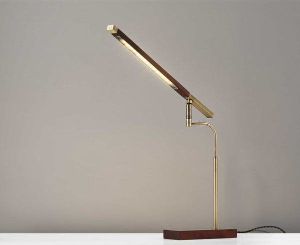 HomeRoots Walnut LED Desk Lamp with Adjustable Shade, Antique Brass Accents & USB Charging Port for Modern Workspaces 372507
