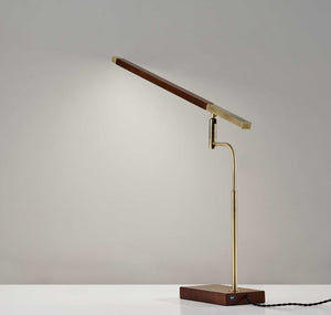HomeRoots Walnut LED Desk Lamp with Adjustable Shade, Antique Brass Accents & USB Charging Port for Modern Workspaces 372507