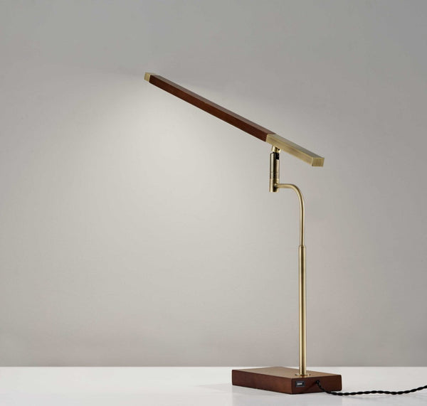 HomeRoots Walnut LED Desk Lamp with Adjustable Shade, Antique Brass Accents & USB Charging Port for Modern Workspaces 372507
