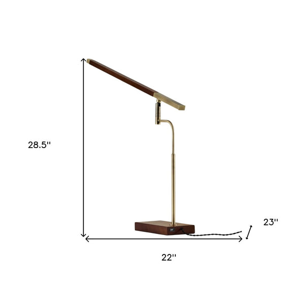 HomeRoots Walnut LED Desk Lamp with Adjustable Shade, Antique Brass Accents & USB Charging Port for Modern Workspaces 372507