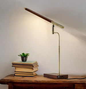 HomeRoots Walnut LED Desk Lamp with Adjustable Shade, Antique Brass Accents & USB Charging Port for Modern Workspaces 372507