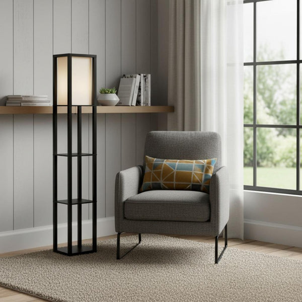 HomeRoots 72" Striking Black Solid Wood Column Lamp with White Cotton Shade for Modern Minimalist Spaces 372534