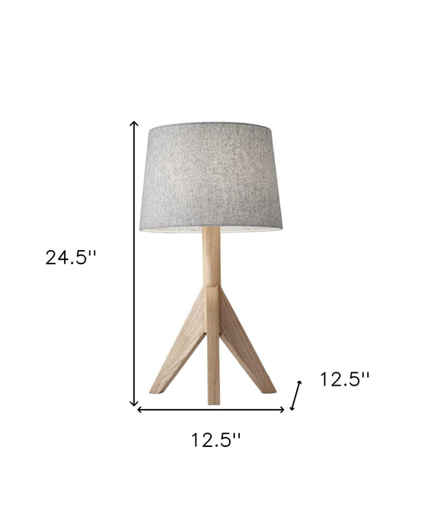 Homeroots 25" Natural Solid Wood Tripod Table Lamp - Gray Empire Shade For Modern And Industrial Decor Natural  372538