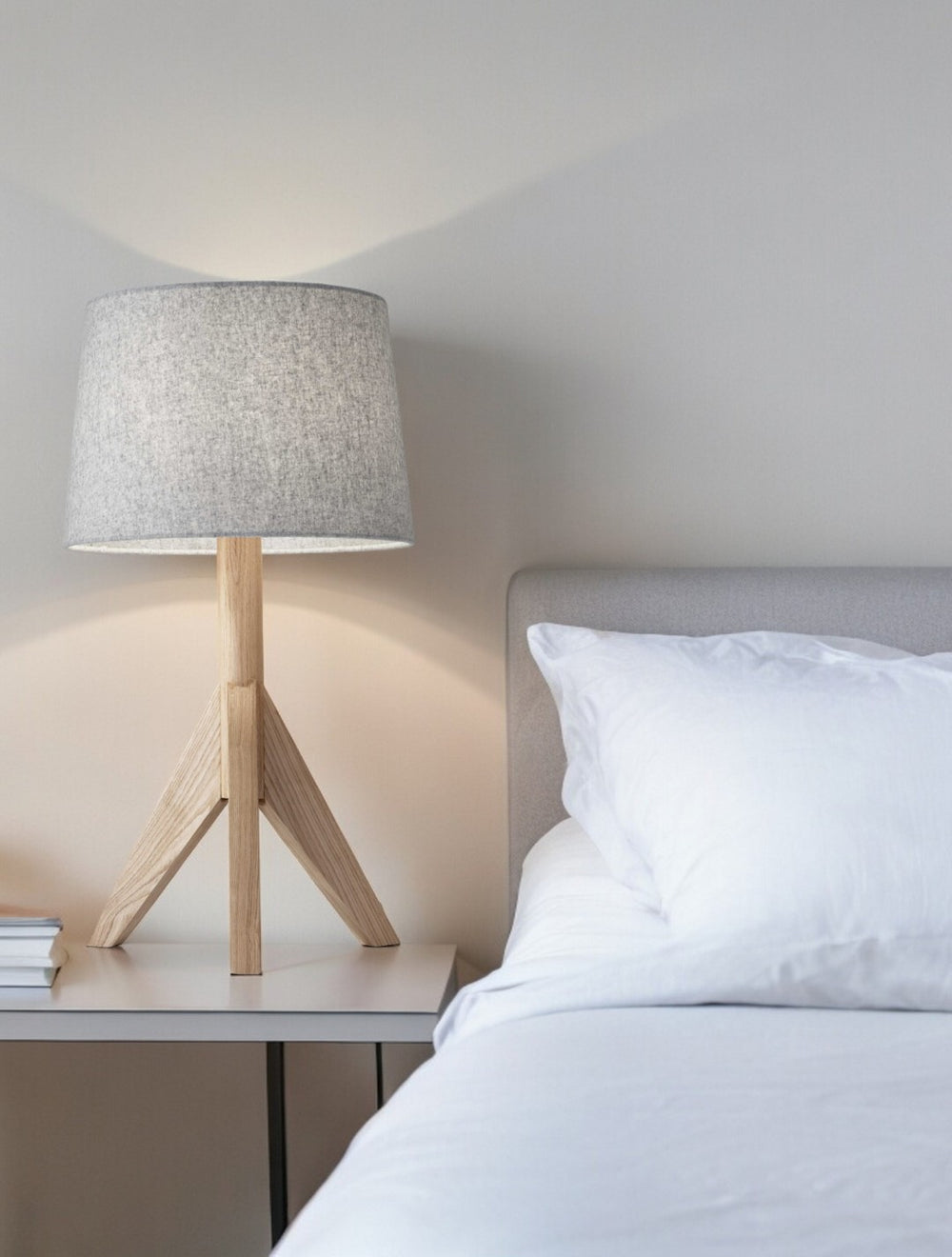HomeRoots 25" Stylish Solid Wood Tripod Table Lamp with Gray Empire Shade for Modern Rustic Decor Natural 12.'5" X 12.'5" X 24.'5" 372538