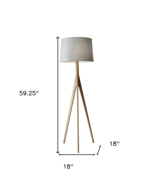 HomeRoots 59" Solid Wood Tripod Floor Lamp with Gray Fabric Shade - Modern Rustic Style for Any Room Natural 18" X 18" X 59.'25" 372539