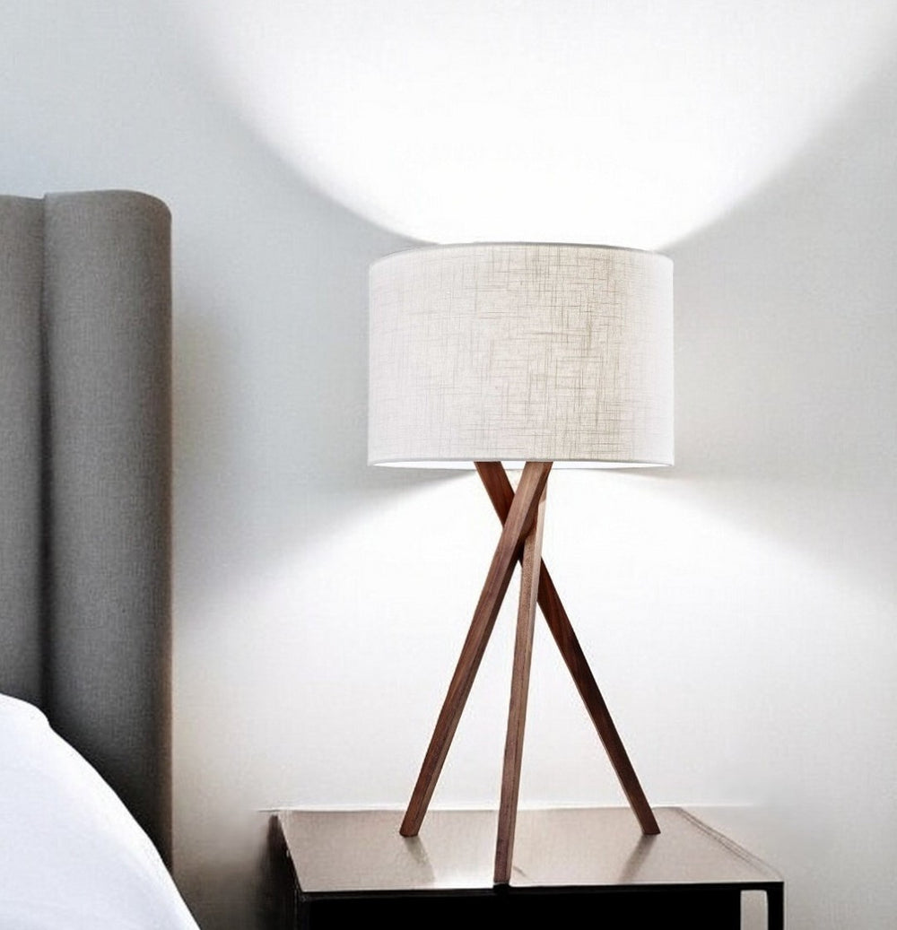 HomeRoots Tripod Walnut Wood Table Lamp - Stylish 3-Way Lighting with Linen Shade for Modern & Rustic Spaces 372547
