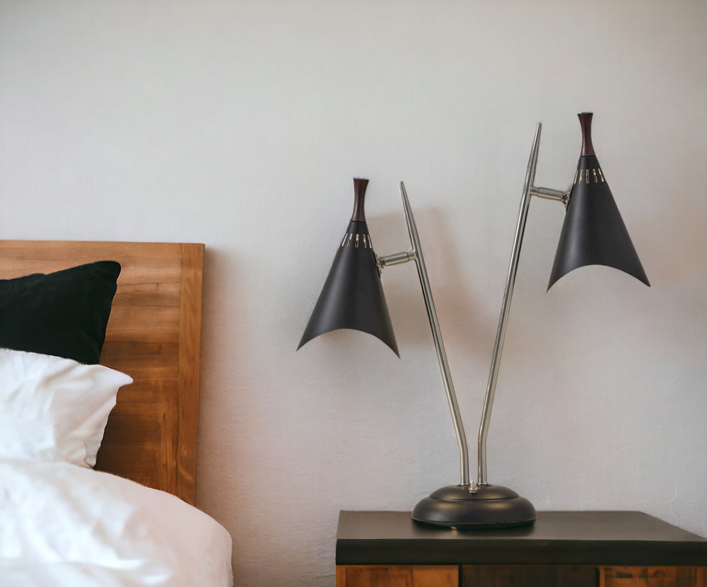 Homeroots 22" Black And Silver Metal Two Light Desk Lamp With Black Cone Shades   372550