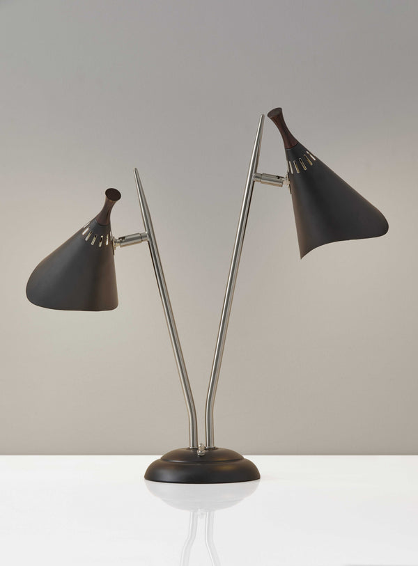 Homeroots 22" Black And Silver Metal Two Light Desk Lamp With Black Cone Shades   372550