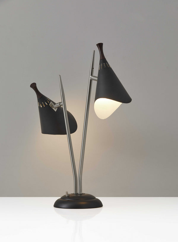 Homeroots 22" Black And Silver Metal Two Light Desk Lamp With Black Cone Shades   372550