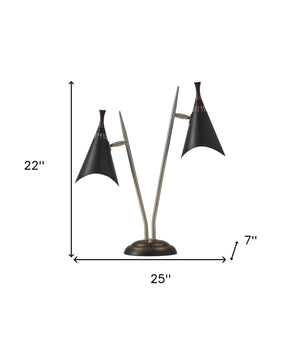 Homeroots 22" Black And Silver Metal Two Light Desk Lamp With Black Cone Shades   372550