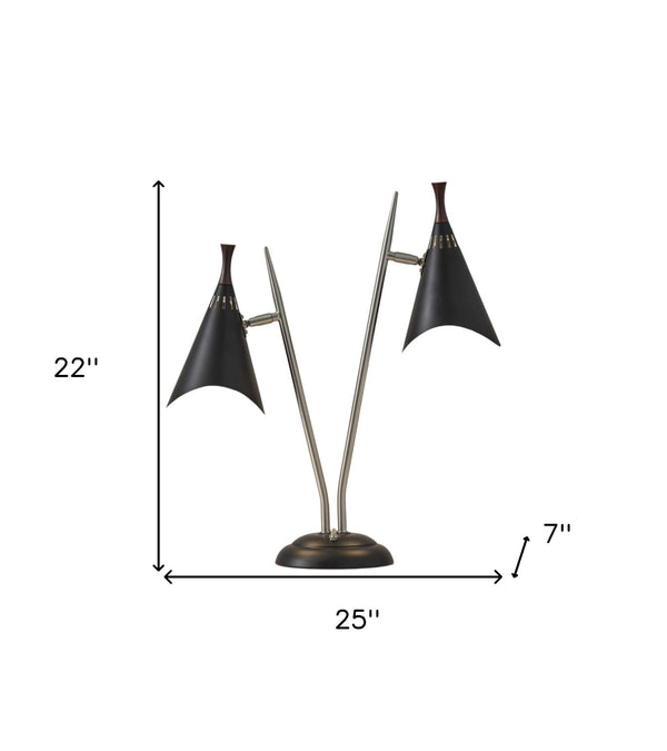 Homeroots 22" Black And Silver Metal Two Light Desk Lamp With Black Cone Shades   372550