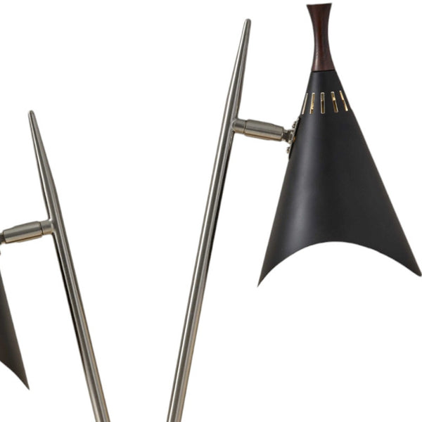 Homeroots 22" Black And Silver Metal Two Light Desk Lamp With Black Cone Shades   372550