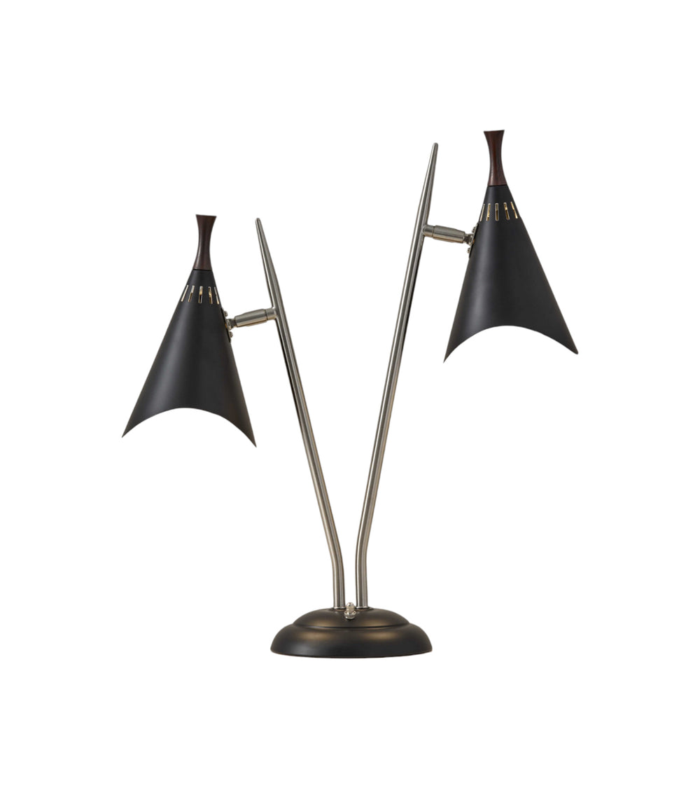 Homeroots 22" Black And Silver Metal Two Light Desk Lamp With Black Cone Shades   372550