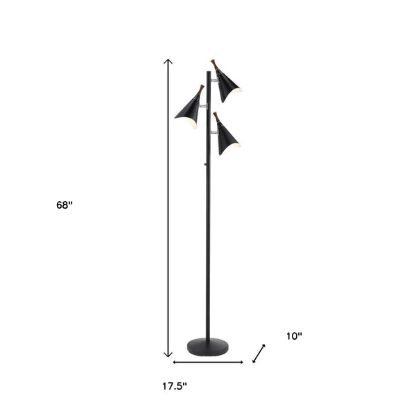 HomeRoots 68" Modern Three-Light Tree Floor Lamp with Adjustable Matte Black Shades for Stylish Illumination 372551