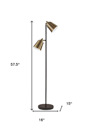 Homeroots 58" Black Two Light Floor Lamp With Antiqued Brass Cone Shades Black Metal 372552