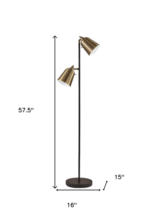 Homeroots 58" Black Two Light Floor Lamp With Antiqued Brass Cone Shades Black Metal 372552