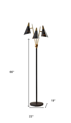 HomeRoots 66" Elegant Gold Metal Three-Light Floor Lamp for Mid-Century Modern Style in Living Rooms & Offices Black 372554