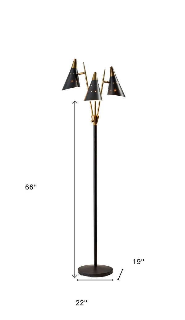 HomeRoots 66" Elegant Gold Metal Three-Light Floor Lamp for Mid-Century Modern Style in Living Rooms & Offices Black 372554