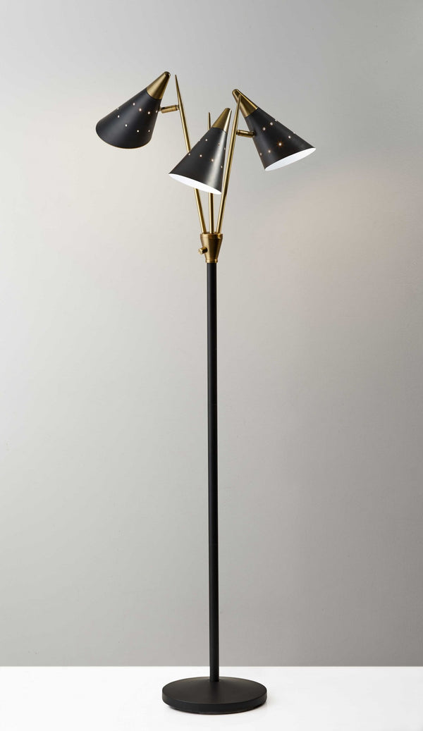 HomeRoots 66" Elegant Gold Metal Three-Light Floor Lamp for Mid-Century Modern Style in Living Rooms & Offices Black 372554