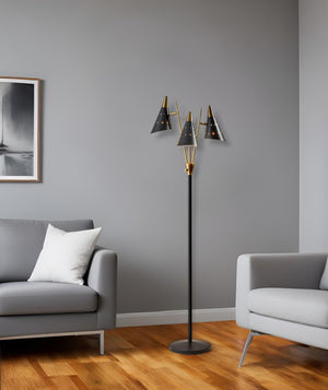HomeRoots 66" Elegant Gold Metal Three-Light Floor Lamp for Mid-Century Modern Style in Living Rooms & Offices Black 372554