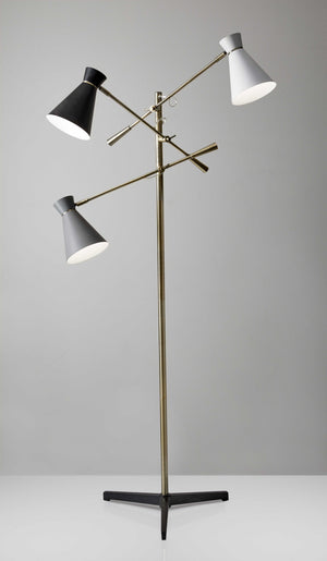 Homeroots Three Arm Adjustable Floor Lamp In Brass Metal With Grey Black And White Shades  Metal 372556