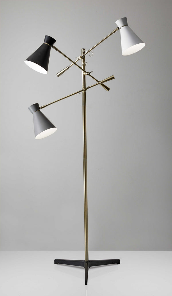 Homeroots Three Arm Adjustable Floor Lamp In Brass Metal With Grey Black And White Shades  Metal 372556
