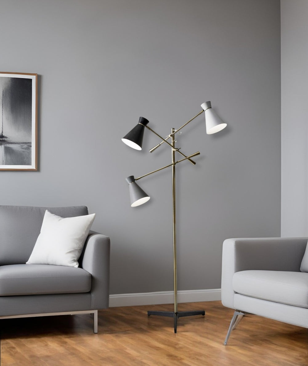 HomeRoots 71" Brass Metal Novelty Floor Lamp - Mid-Century Modern Black & White Cone Shade for Stylish Spaces 372556