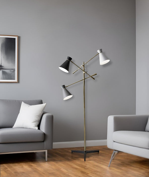 HomeRoots 71" Brass Metal Novelty Floor Lamp - Mid-Century Modern Black & White Cone Shade for Stylish Spaces 372556