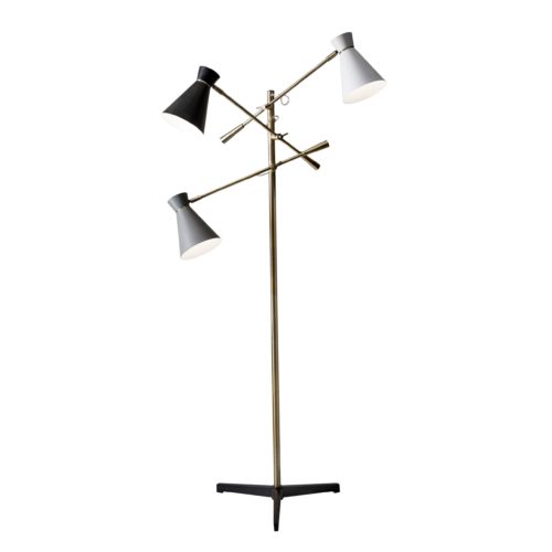 Homeroots Three Arm Adjustable Floor Lamp In Brass Metal With Grey Black And White Shades  Metal 372556