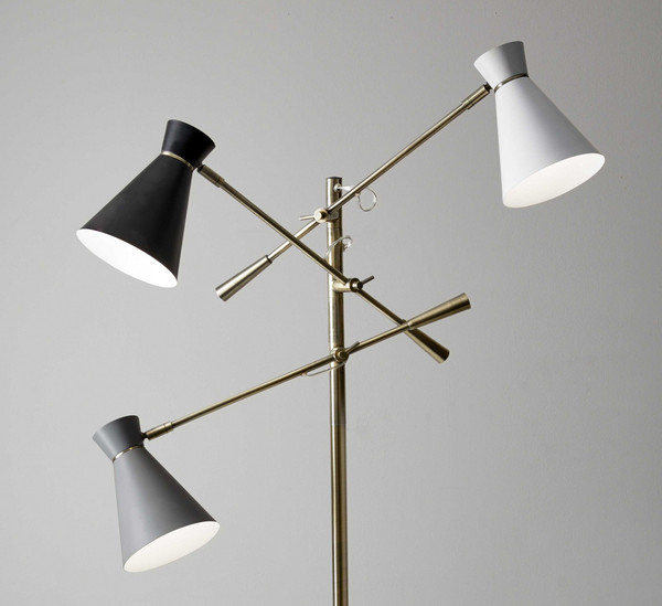 Homeroots Three Arm Adjustable Floor Lamp In Brass Metal With Grey Black And White Shades  Metal 372556