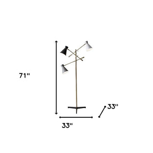 Homeroots Three Arm Adjustable Floor Lamp In Brass Metal With Grey Black And White Shades  Metal 372556