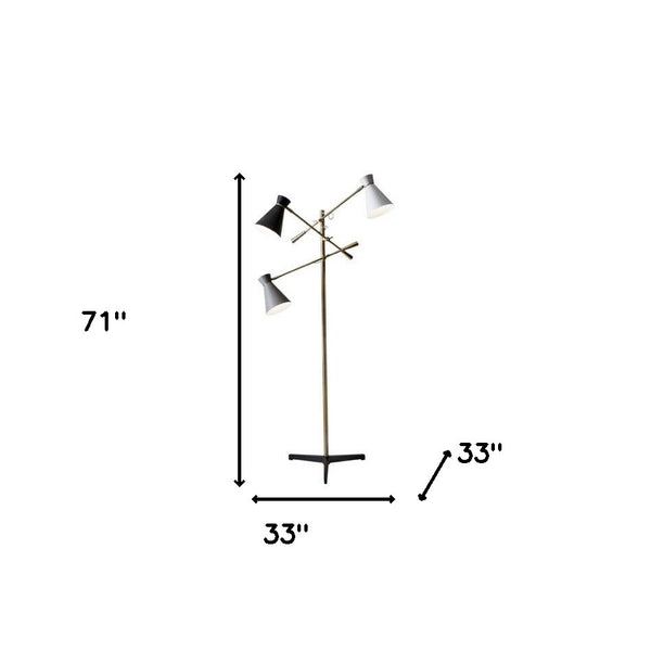 Homeroots Three Arm Adjustable Floor Lamp In Brass Metal With Grey Black And White Shades  Metal 372556